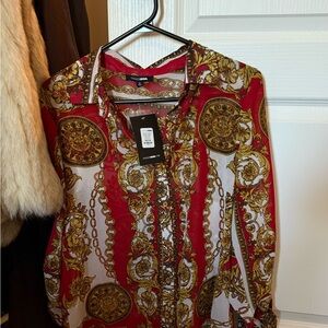 Fashion Nova Red and Gold Button Down Shirt